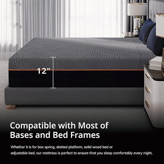 EGOHOME 12 Inch King Memory Foam Mattress for Back Pain, Cooling Copper Gel Bed in a Box, Foam Made in USA, CertiPUR-US Certified, Therapeutic Medium Firm, 76x80x12 Black