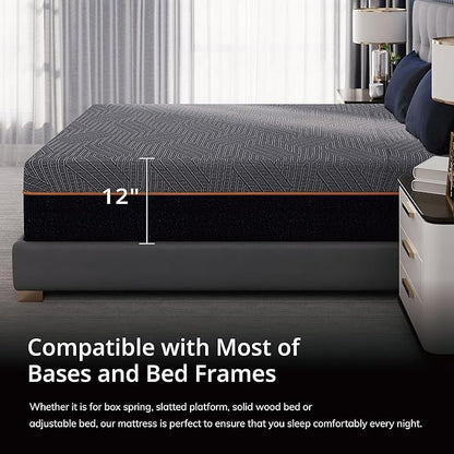 EGOHOME 12 Inch King Memory Foam Mattress for Back Pain, Cooling Copper Gel Bed in a Box, Foam Made in USA, CertiPUR-US Certified, Therapeutic Medium Firm, 76x80x12 Black