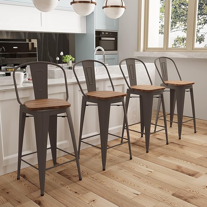 Aklaus Swivel Metal Bar Stools with Backs Counter Stools Set of 4 Counter Height Stools High Back Bar Chairs 30 Inch Barstools Farmhouse Rusty