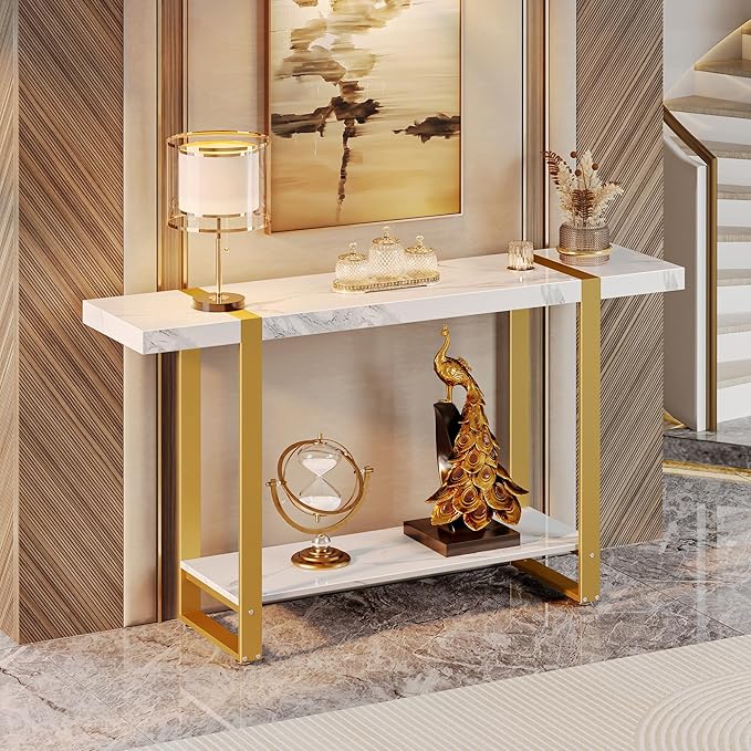 Huuger 47.2 Inch Entryway Table with Marble Top, 2-Tier Modern Console Sofa Table with Storage, Accent Table, for Entry, Hallway, Entrance, Foyer, T-Shaped Metal Frame, White Marble & Gold