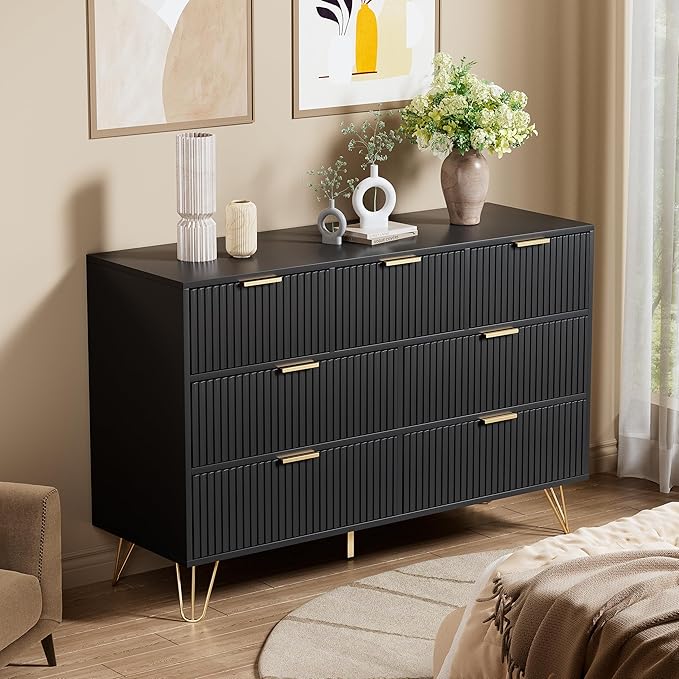 Dresser for Bedroom, Modern Fluted 47.2" Wide Chest of Drawers with Gold Pulls and 7 Drawers, 15.7" D x 47.2" W x 31.4" H, Black