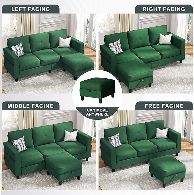 JY QAQA Convertible Sectional Sofa Couch with 3-Seat Sofa, L-Shaped Ottoman Couch with Modern Linen Fabric for Small Living Room, Apartment and Small Space(Green)