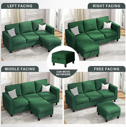 JY QAQA Convertible Sectional Sofa Couch with 3-Seat Sofa, L-Shaped Ottoman Couch with Modern Linen Fabric for Small Living Room, Apartment and Small Space(Green)