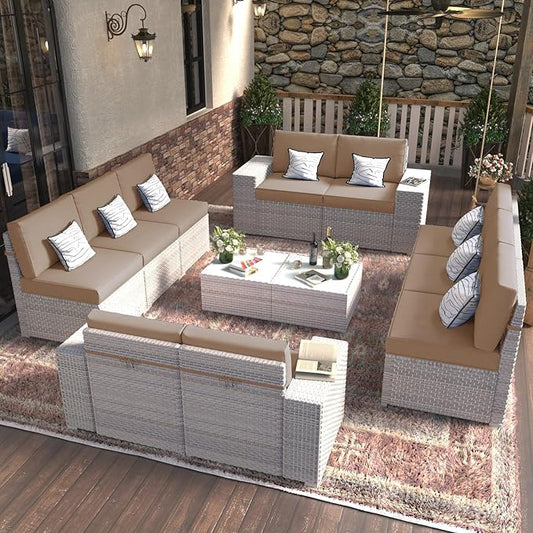 12-Piece Patio Furniture Set, Outdoor Extra Wide Armrest Modular Patio Sofa, Dual-Strand Rattan Wicker, Rust-Resistant Frame, Backyard High Back, Large Seat Furniture for Porch Garden Balcony, Khaki