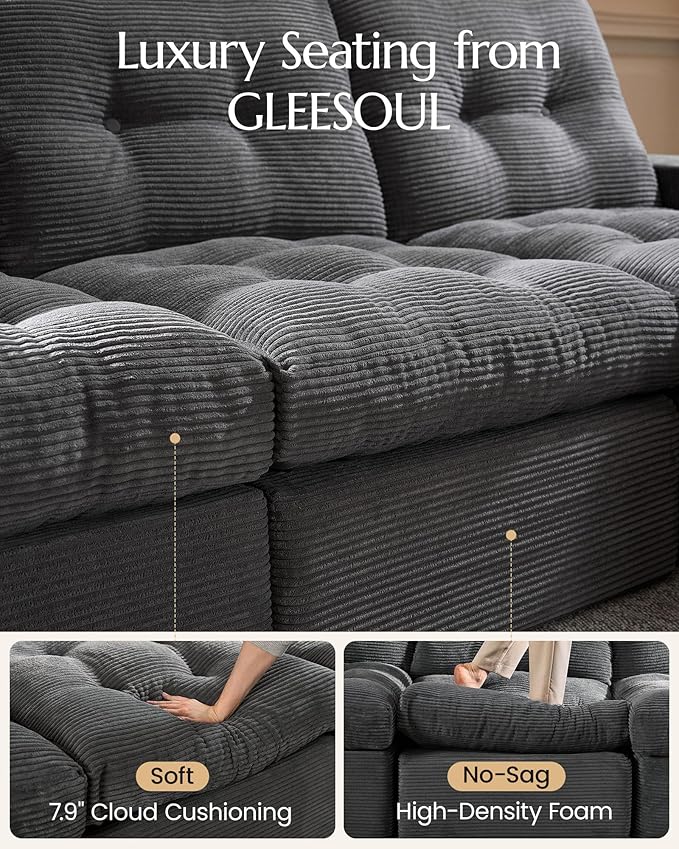 High Back Boneless Couch, Loveseat Cloud Couch with Versatile 2-Pack Pillow Blankets, Corduroy Modular Sectional Sofa, No Assemble Sectional Couches for Living Room, Dark Grey