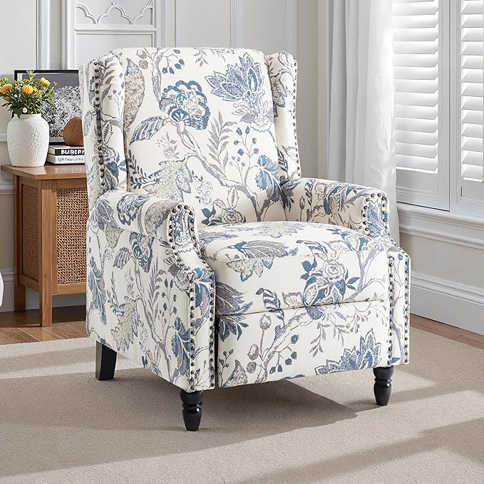 Pushback Recliner Chair, Floral Fabric Wingback Recliner Chair, Upholstered Armchair Push Back Recliner, Rivet Trim Single Sofa Accent Chair with Wood Legs for Living Room, Plants Blue