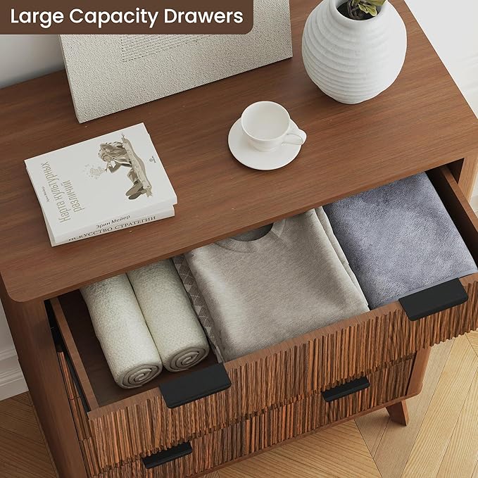SUNWAVE Fluted 5 Drawer Dresser for Bedroom, 43.3" Tall Dressers with Round Corner, Mid-Century Modern Wood Chest for Living Room, Entry