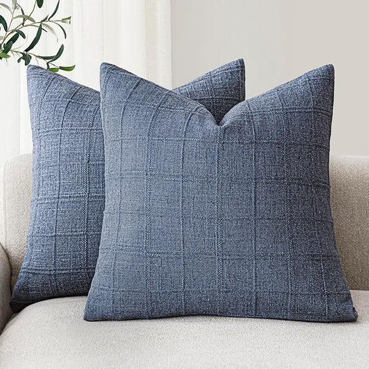 Foindtower Set of 2 Decorative Linen Check Throw Pillow Covers Neutral Farmhouse Vintage Cushion Covers Modern Coastal Boho Home Decor for Sofa Chair Couch Bedroom Living Room,18×18 Inch,Blue