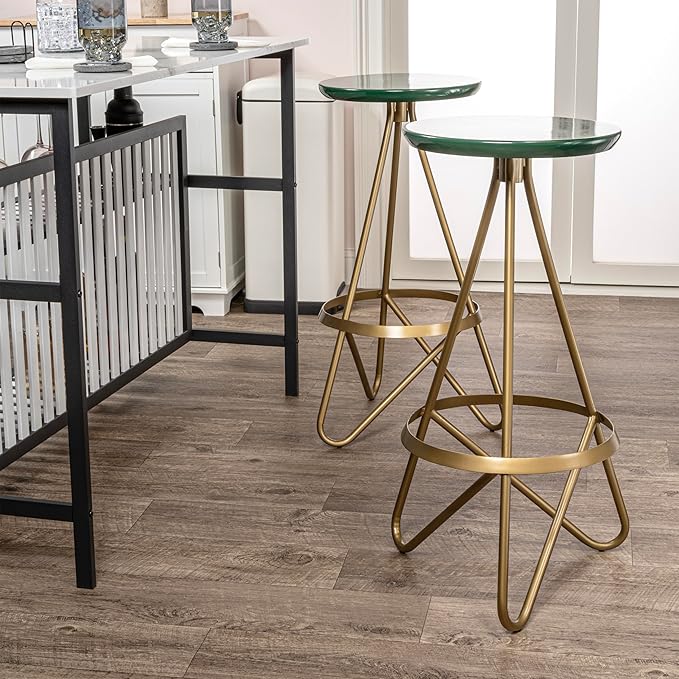 JONATHAN Y BSL1000B Spiroa 30" Modern Industrial Metal Backless Circular Bar Stool for Home, Kitchen, Dining Room, Workspaces, Cafes and Resturants, Green Seat with Gold Frame