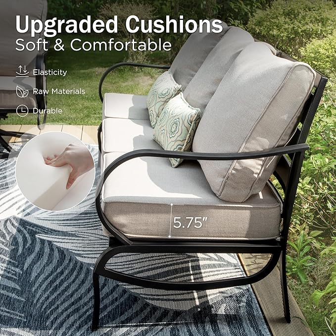 PHI VILLA Patio Conversation Set with Fire Pit, 7 Seat with 45" Firepit Table, Swivel & Fixed, Beige