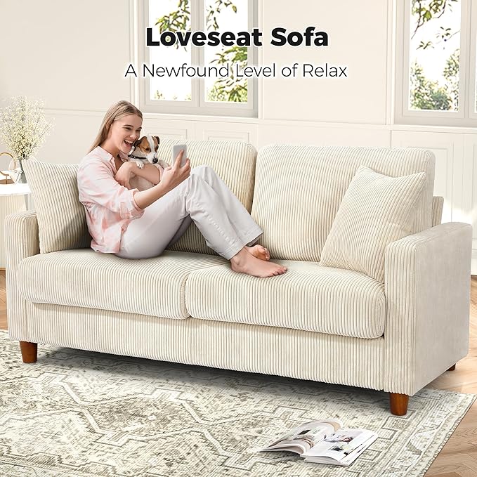 70in Corduroy Couch, Kidirect Sofa No Tool Assembly, Comfy Couches for Living Room 21in Deeper Seats, Corduroy Sofas for Living Room with 2 Pillows, Oversized Loveseat Sofa, Boho Love Seat Beige Couch
