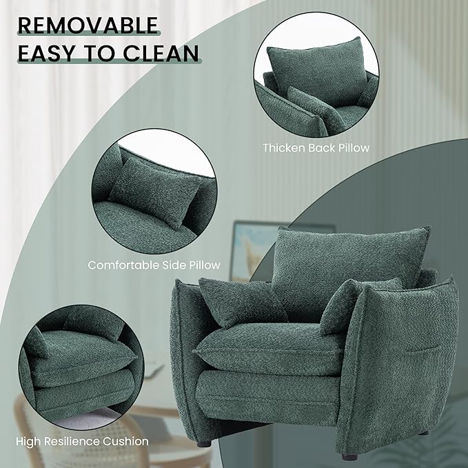 Chenille Oversized Accent Chairs, Modern Oversized Armchair with Removable Pillow, Comfy Living Room Chair with Side Pocket Storage for Bedroom, Office, Green