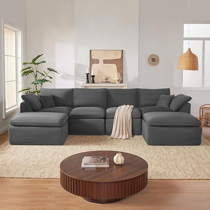 143" Cloud Sectional Couch, Boneless couches for Living Room，U Shaped Couch with Convertible Ottoman, Modular Sectional Sofa with Deep Seat, Comfy Soft Cushions, No Assembly, Gray