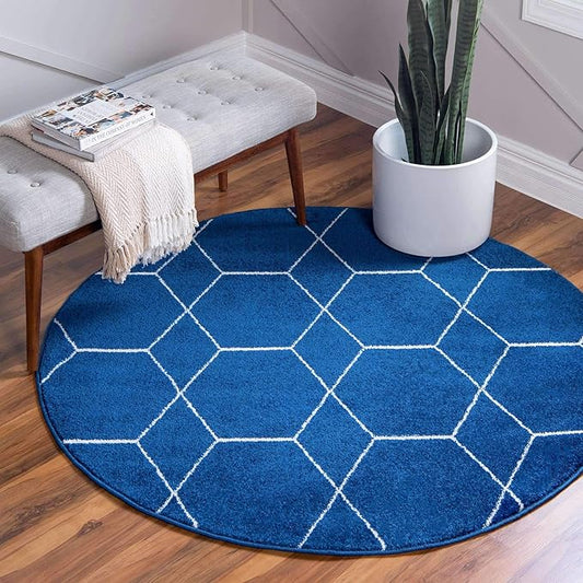Unique Loom Trellis Frieze Collection Area Rug - Geometric (7' Round, Navy Blue/ Ivory)