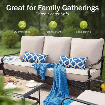 PHI VILLA Patio Furniture Set with 56" Fire Pit Table, Premium Outdoor Wicker Metal Frame Furniture with Upgraded Waterproof Thick Cushions for Porch, Poolside, Deck, and Yard（5 Pieces, Beige