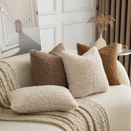 Pack of 2 Curly Teddy Wool Faux Fur Throw Pillow Covers Fuzzy Accent Soft Sherpa Pillowcases Sheepskin Fleece Decorative Cushion Case for Sofa Couch Living Room 24x24 Inch Neutral Light Beige