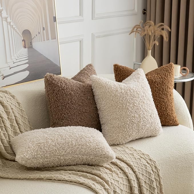 Pack of 2 Curly Teddy Wool Faux Fur Throw Pillow Covers Fuzzy Accent Soft Sherpa Pillowcases Sheepskin Fleece Decorative Cushion Case for Sofa Couch Living Room 16x16 Inch Neutral Light Beige