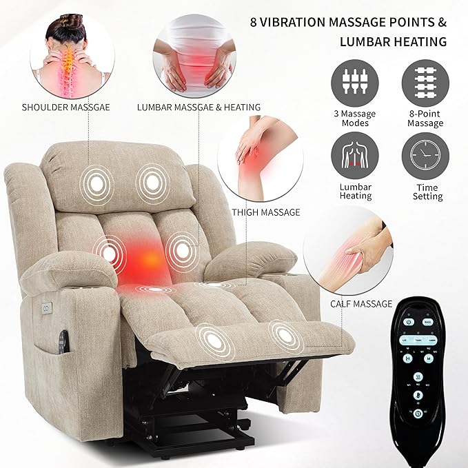 Power Lift Chair for Elderly, Electric Recliner Chair with 8-Point Vibration Massage and Lumbar Heating, Charging Ports, Cup Holders, Standing Assistance Reclining - Ivory White