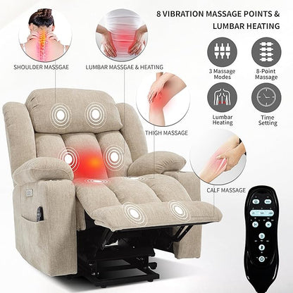 Power Lift Chair for Elderly, Electric Recliner Chair with 8-Point Vibration Massage and Lumbar Heating, Charging Ports, Cup Holders, Standing Assistance Reclining - Ivory White
