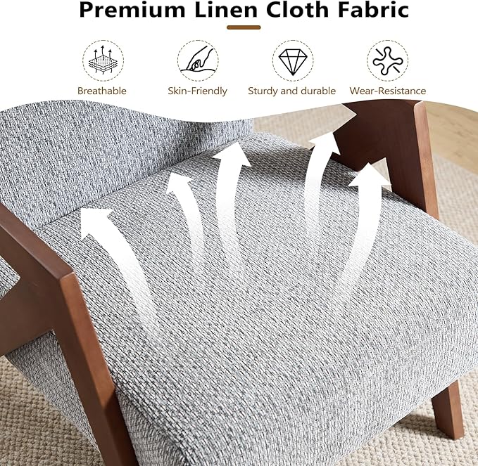 Bonzy Home Mid-Century Modern Accent Chair with Solid Wood Frame, Upholstered Armchair for Bedroom & Living Room,Reading Side Chair with Soft Lien Fabric Cushion,Easy Assembly,Light Grey