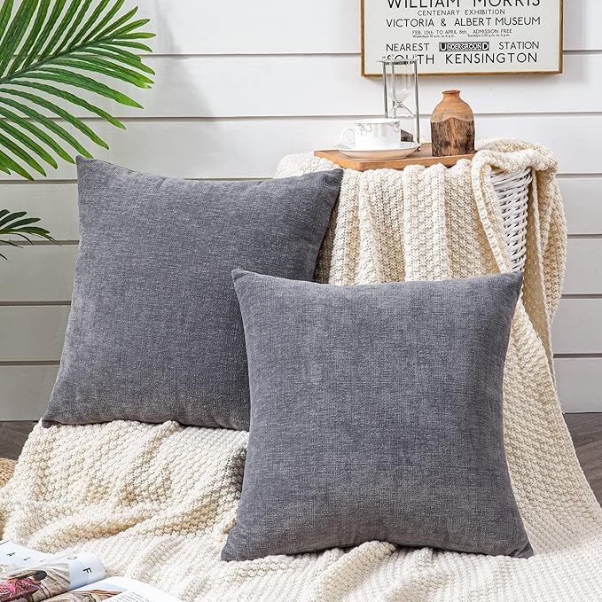 GAWAMAY Decorative Chenille Throw Pillow Covers 26x26 Inch Pack of 2, Soft Square Couch Pillow Cover for Sofa Cushion Living Room Bedroom Solid Dyed Oversized Pillowcases Grey 66x66cm (ONLY Covers)