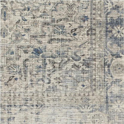 RUGGABLE Washable Vintage Area Rug – Kamran Blue Quartz 6 ft Round, Stain-Resistant, Non-Slip – Medium Machine Washable Rugs for Living Room, Bedroom, Hallway, Entryway & Office–with Standard Pad