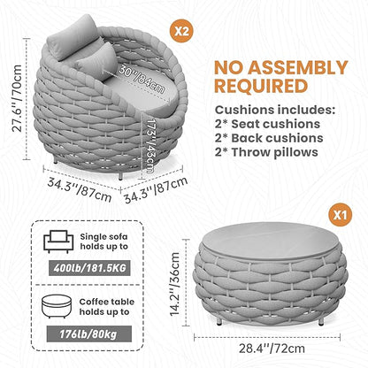 Front Porch Furniture Set: 3 Pieces Aluminum Patio Conversation Sofa Set for 2 - All Weather Woven Rope Outdoor Armchair Set w/Cushions No Assembly for Bistro Pool Yard Balcony Deck Hotel, Gray