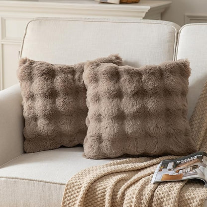 Pack of 2 Thick Plush Throw Pillow Covers Fluffy Wave Faux Fur Decorative Cushion Covers Soft Wool Pillowcase for Sofa Couch Livingroom 18x18 Inch Taupe