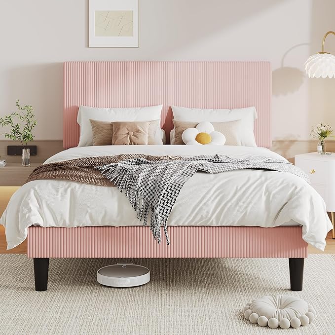 Allewie Queen Size Upholstered Bed Frame with Vertical Channel Tufted Headboard, Soft Corduroy Fabric Platform Bed, Strong Wooden Slats Support, Easy Assembly, No Box Spring Needed, Light Pink