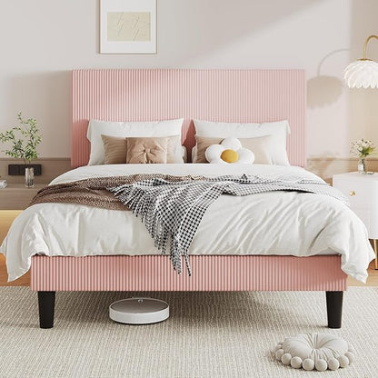 Allewie Queen Size Upholstered Bed Frame with Vertical Channel Tufted Headboard, Soft Corduroy Fabric Platform Bed, Strong Wooden Slats Support, Easy Assembly, No Box Spring Needed, Light Pink