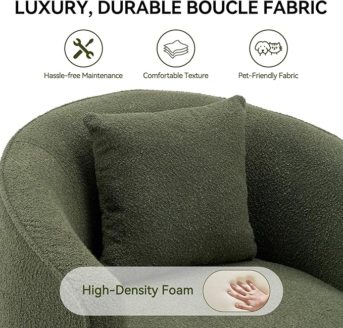 Swivel Accent Chair Set of 2, Modern Upholstered Boucle Barrel Arm Chairs with Pillow for Living Room, 360 Degree Round Swivel Sherpa Armchair with Round Base for Bedroom Club (2, Green)