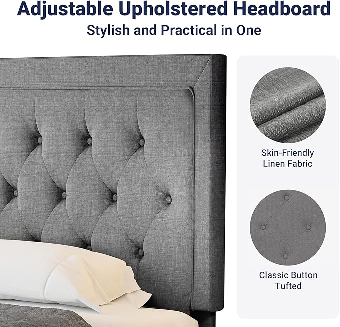 Allewie Full Size Upholstered Platform Bed Frame with Adjustable Headboard, Button Tufted, Wood Slat Support, Easy Assembly, Light Grey