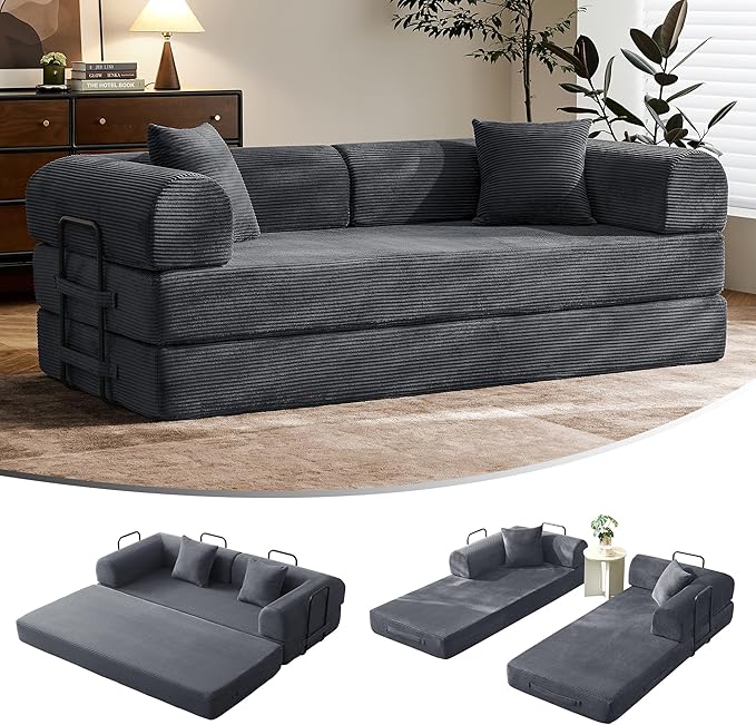 79" Convertible Sofa Bed with Fixed-Shape Frame & Removable Armrests, Modular Corduroy Sleeper Sofa, Folding Mattress Couch for Small Spaces - No Assembly Needed in Dark Gray (Includes 2 Pillows)