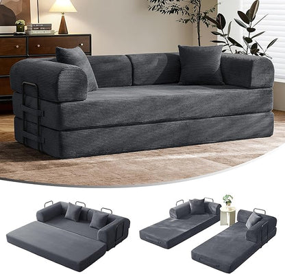 79" Convertible Sofa Bed with Fixed-Shape Frame & Removable Armrests, Modular Corduroy Sleeper Sofa, Folding Mattress Couch for Small Spaces - No Assembly Needed in Dark Gray (Includes 2 Pillows)