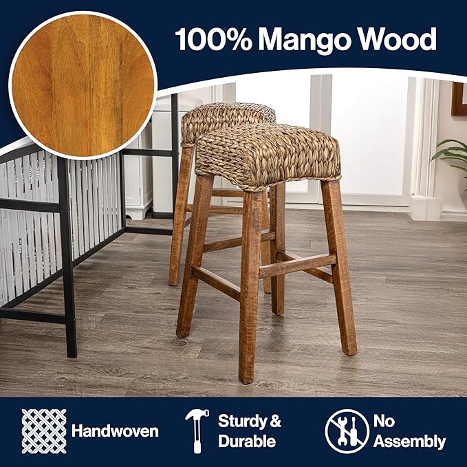 JONATHAN Y BSL1101A Maui 29.5" Rustic Bohemian Hyacinth/Wood Backless Bar Stool for Home, Kitchen, Dining Room, Workspaces, Cafes and Resturants, Brown Wash Woven Seat with Natural Wood Frame