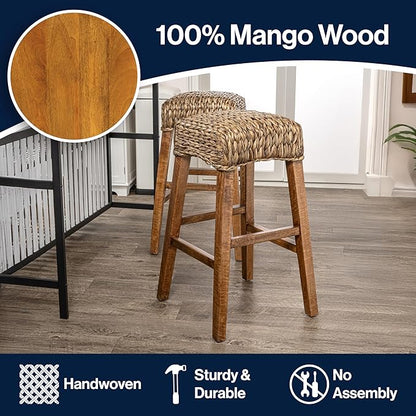 JONATHAN Y BSL1101A Maui 29.5" Rustic Bohemian Hyacinth/Wood Backless Bar Stool for Home, Kitchen, Dining Room, Workspaces, Cafes and Resturants, Brown Wash Woven Seat with Natural Wood Frame