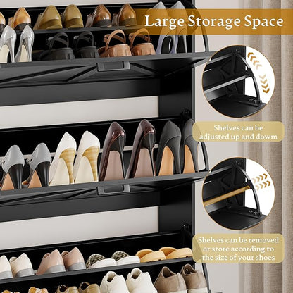 Shoe Cabinet Storage for Entryway, Shoe Storage Cabinet with 3 Flip Drawers, Freestanding Narrow Shoe Rack Organizer with Metal Legs & Side Hook for Foyer, Hallway, Black