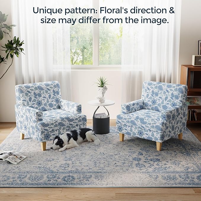 LINSY Floral Accent Chair, Large Armchair with Rubberwood Legs, Mid Century Upholstered Reading Chair, Comfy Oversized Single Sofa Chair for Living Room Bedroom Office Study, Floral Blue