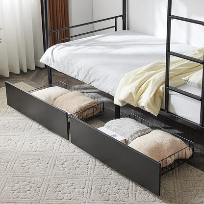 Karl home Black Bunk Bed Twin Over Twin with 2 Storage Drawers, Metal Bunk Bed with Built-in Ladder and Safety Guardrail, Space-Saving Twin Bunk Beds for Kids, Teens & Adults, No Box Spring