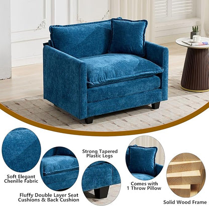 Aoowow Chenille Upholstered Accent Chair Oversized,Fluffy Single Cloud Sofa Chairs with Deep Seat,Modern Large Reading Arm Chair with Throw Pillow for Living Room,Bedroom (Blue, Single Sofa Chair)