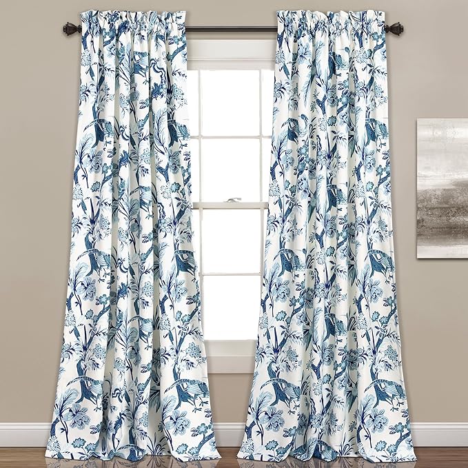 Lush Decor Dolores Light Filtering Window Panels, Pair, 52" W x 84" L, Blue - Floral Curtains for Bedroom - Vintage Curtains - Coquette Room Decor