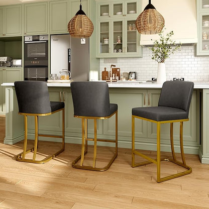 MAISON ARTS Counter Height Bar Stools with Back Set of 4 for Kitchen Counter, 24 Inch Modern Upholstered Faux Leather Barstools Farmhouse Bar Chairs Luxury Island Stools Support 330LBS, Grey & Gold