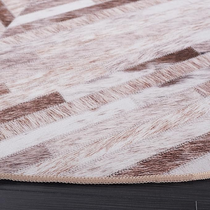 SAFAVIEH Washable Rug Faux Hide Collection - 8' Round, Beige & Brown, Slip Resistant, Western Rustic Decor, Printed Pattern, Ideal for Living Room, Bedroom, Home Office, Dining Space (FAH526A)