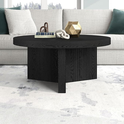 Henn&Hart 32" Fluted Round Low-Profile Coffee Table with Ribbed Pedestal Base for Living Room, Family Room, Office, or Apartment, Black Grain