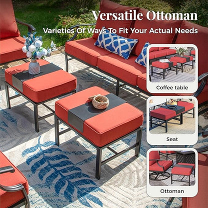 Patio Furniture Set, 6 Pcs Metal Outdoor Conversation Set, 2 Rocker Chairs, 2 Ottomans and 3 Seater Sofa with 5.75" Extra Thick Cushion and Gas Fire Pit Table, Red