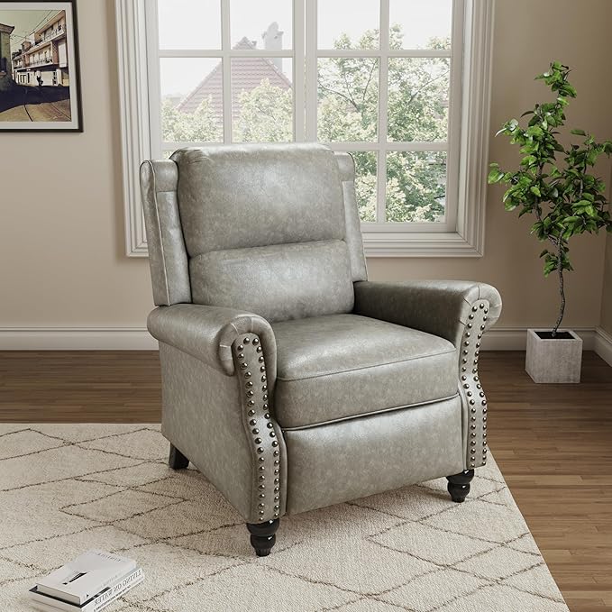 Pushback Recliner Chair, Faux Leather Wingback Recliner Chair, Upholstered Armchair Push Back Recliner with Wood Legs, Rivet Trim Single Sofa Accent Chair for Living Room, Bedroom, Gray