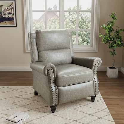 Pushback Recliner Chair, Faux Leather Wingback Recliner Chair, Upholstered Armchair Push Back Recliner with Wood Legs, Rivet Trim Single Sofa Accent Chair for Living Room, Bedroom, Gray