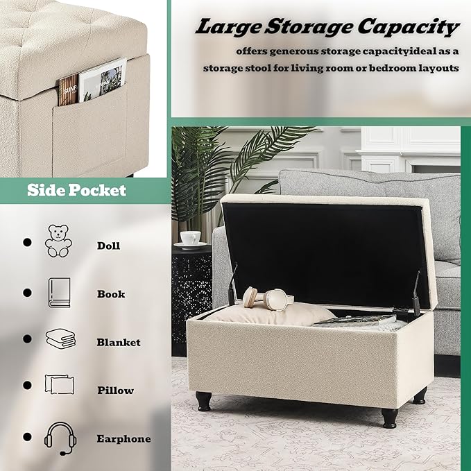 Ottoman with Storage 32'' Ottoman Storage Bench Fabric Ottomans Footstools Upholstered Foot Rest Stool for Couch, Living Room, Bedroom, Entrance Shoe Bench Beige