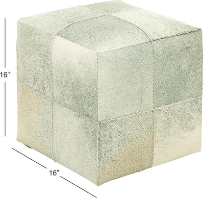 Deco 79 Leather Handmade Living Room Stool Cowhide Patchwork Ottoman, Foot Stool 16" x 16" x 16", Gray