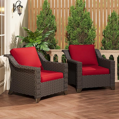 Patio 2 Pieces Wicker Chairs Set of 2，Outdoor PE Rattan Armchairs, Water-Resistant Cushions with Removable and Washable Covers, Porch, Balcony, Sunroom (Red)
